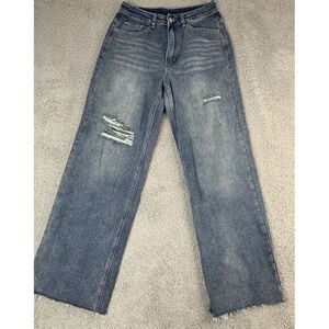 Dazy Jeans Womens Size Large‎ Wide Leg Factory Distressed Raw Hem Boho Casual